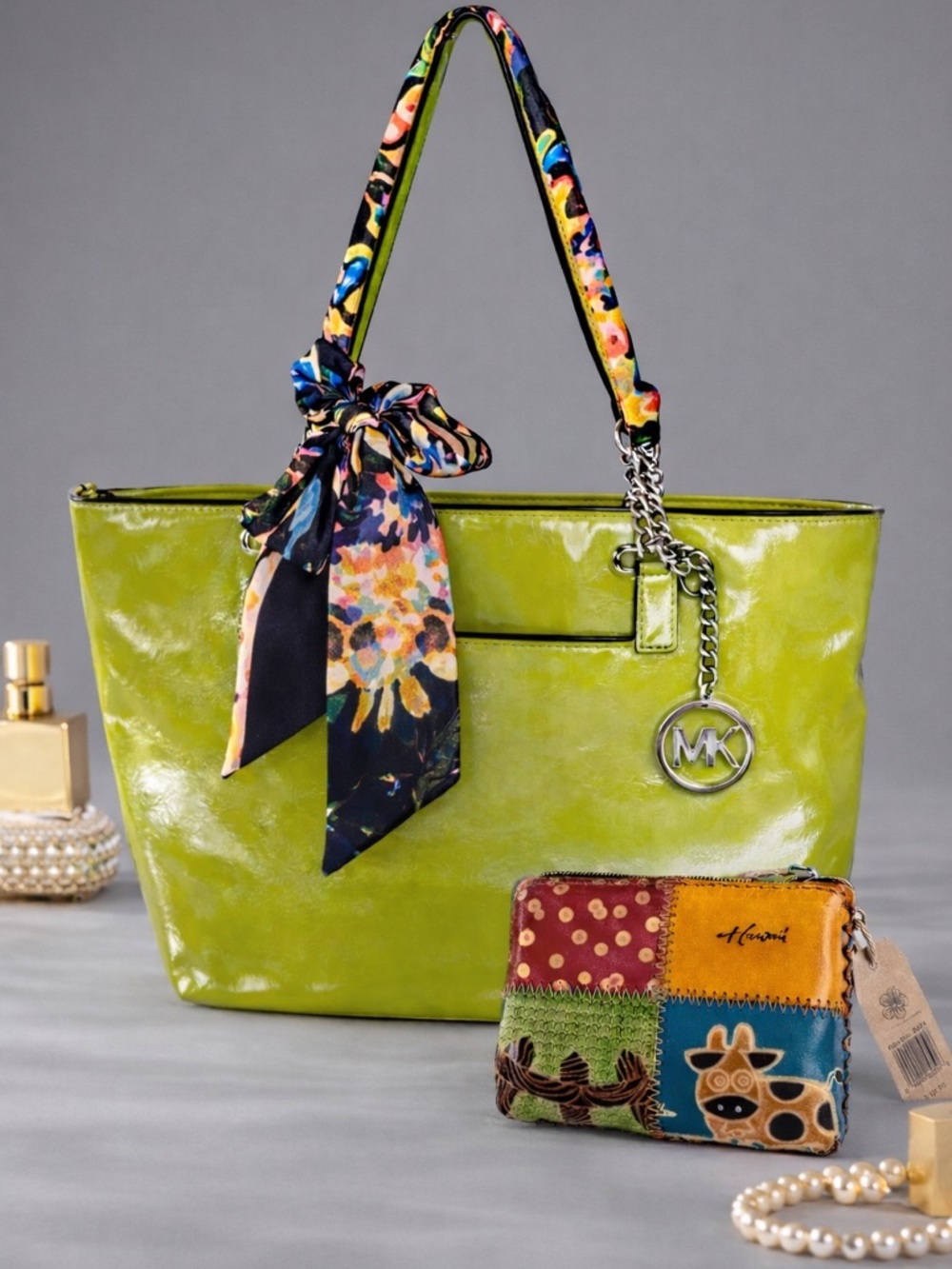 Michael Kors Lime Green Leather Tote Spring Summer & Genuine Leather Mini Pouch